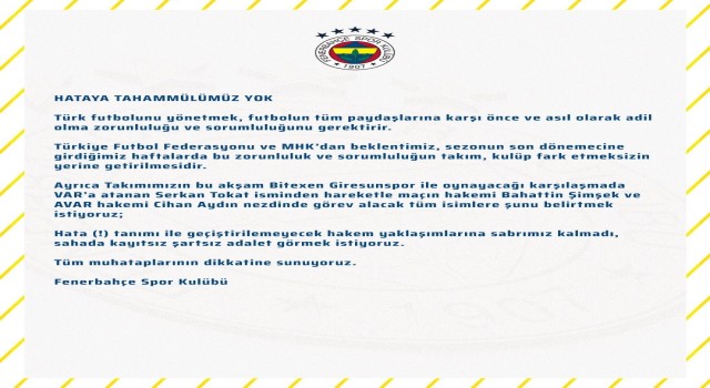 Fenerbahçe: Hataya tahammülümüz yok