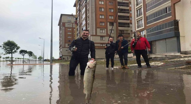 Gençlerden CHPli belediyeye ilginç tepki: Göle dönen yolda balık tuttular