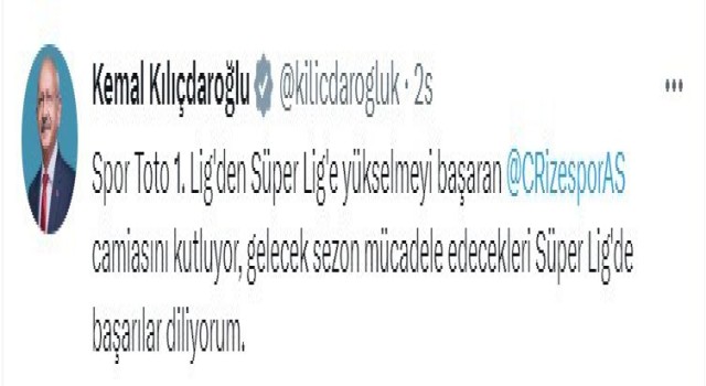 Kılıçdaroğlu, Süper Lige çıkan Rizesporu kutladı