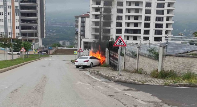 Park halindeki otomobil hareket edip direğe çarparak yandı