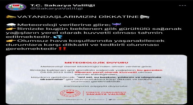 Sakarya Valiliğinden sağanak yağış uyarısı