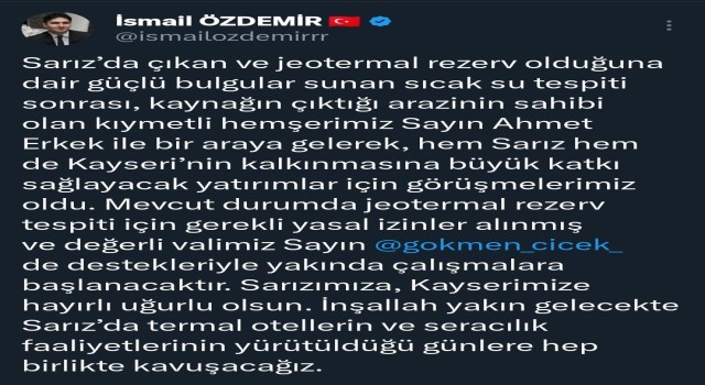 Özdemirden Sarıza jeotermal müjdesi