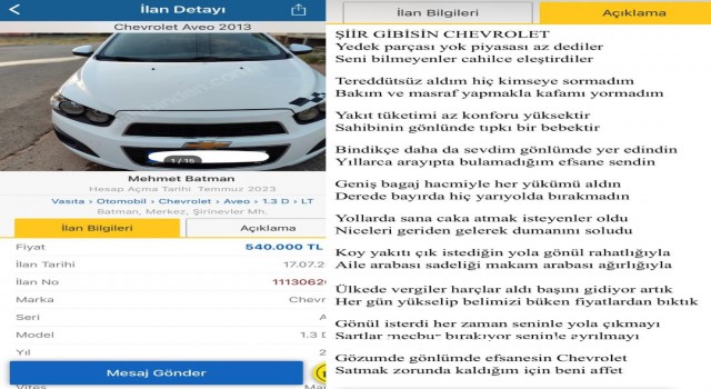 Batmanda bir vatandaş aracını şiir ile satışa sundu