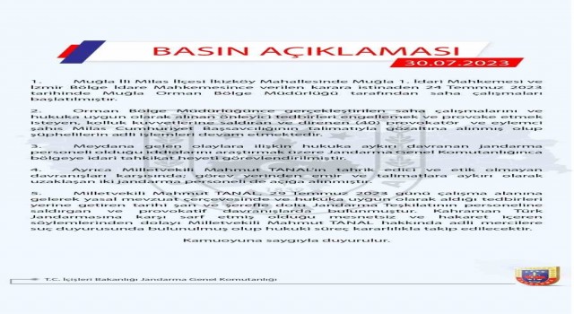 Jandarma Genel Komutanlığı: “Milletvekili Mahmut Tanal hakkında adli mercilere suç duyurusunda bulunulmuştur”