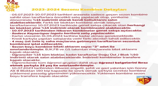 Kayserispor, kombine bilet fiyatlarını belirledi