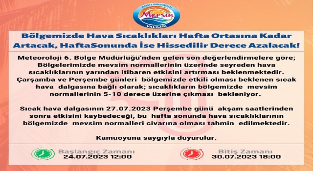 Mersin Valiliğinden sıcak hava uyarısı