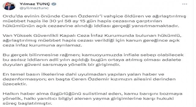 Bakan Tunç: Ceren Özdemiri vahşice öldüren ve müebbet hapisle cezalandırılan hükümlünün açık cezaevine alındığı iddiası gerçeği yansıtmamaktadır”