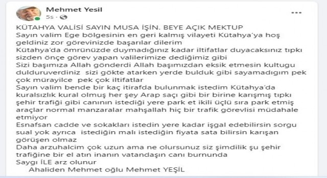 Yeşilden Vali Işına mektup: Kütahyada ömrünüzde duymadığınız kadar iltifatlar duyacaksınız