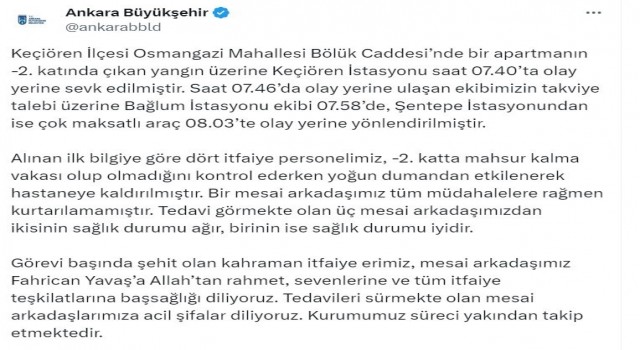 Ankarada çıkan yangında 1 itfaiye eri şehit oldu