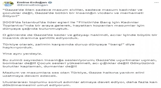 Emine Erdoğan: “Türkiye olarak zalimin karşısında durup dünyaya ‘barış diye haykırıyorduk, yine aynı yerdeyiz”