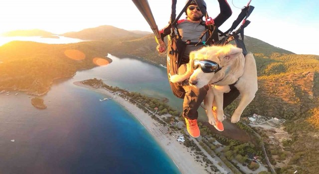 Köpeğiyle yamaç paraşütü atlayışı yaptı