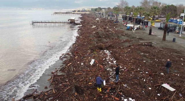 Altınkum sahili sel sonrası ağaç parçaları ve çöple doldu