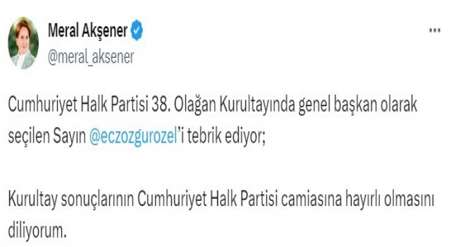 İYİ Parti Lideri Akşenerden CHP Genel Başkanı seçilen Özele tebrik
