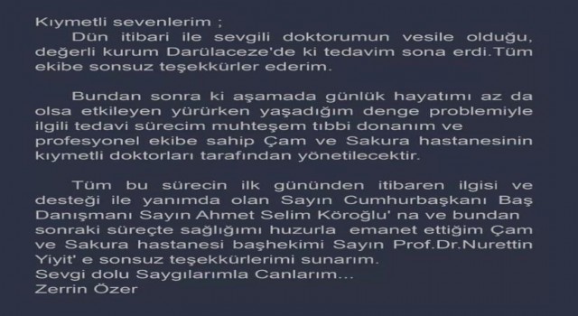 Zerrin Özerden tedavi süreciyle ilgili açıklama