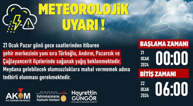Kahramanmaraş'ta Yarın Gece Sağanak Yağış Bekleniyor