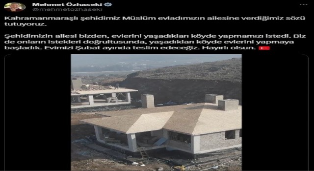 Kahramanmaraşlı şehidin ailesi için inşa edilen köy evi şubatta teslim edilecek