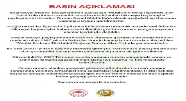 Orman Genel Müdürlüğünden, Midastaki 3 yıl önce yanan ormanlık araziye ilişkin açıklama