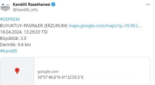 Erzurumun Pasinler ilçesinde 3,0 büyüklüğünde deprem