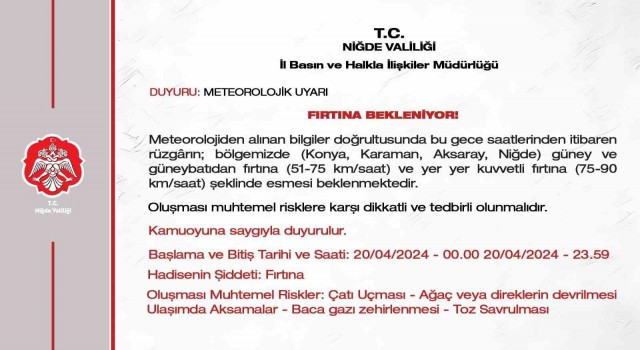 Niğde Valiliğinden fırtına uyarısı