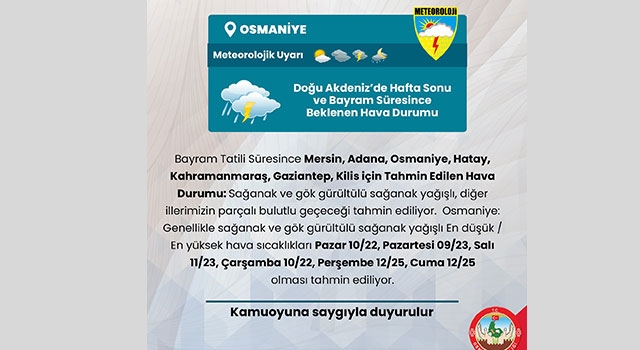 Osmaniye Valiliğinden Sağanak Yağış Uyarısı