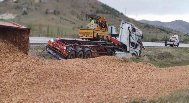 Talaş yüklü tır devrildi, sürücüsü yaralandı