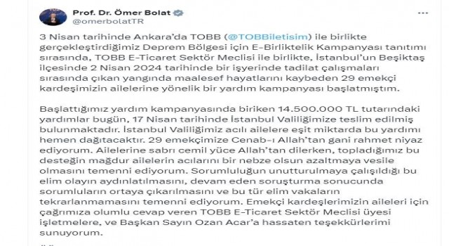 Ticaret Bakanı Bolat açıkladı: Beşiktaştaki yangın faciasında hayatını kaybeden 29 işçi için 14 milyon 500 bin TL toplandı