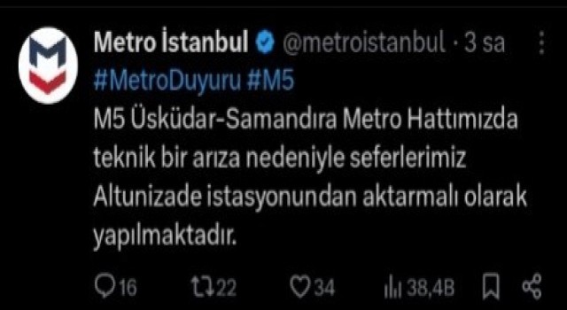 Üsküdar - Samandıra metro hattında arıza nedeniyle seferler durdu