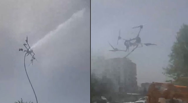 Yangın söndürme dronu havada parçalanıp yere çakıldı