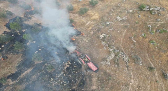 Çiftçinin yangınla amansız mücadelesi dron kamerasına yansıdı