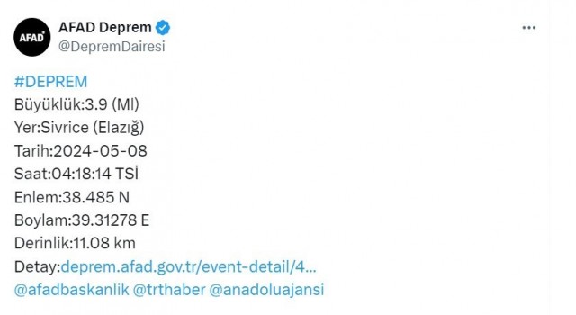 Elazığda 3.9 büyüklüğünde deprem