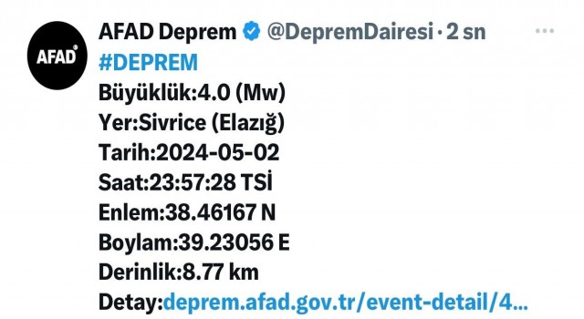 Elazığda 4.0 büyüklüğünde deprem