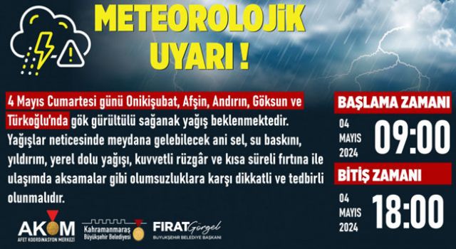 Kahramanmaraş'ta Sağanak Yağış Uyarısı