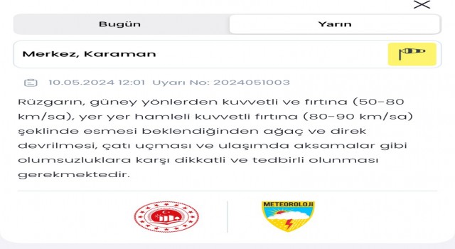 Karamanda şiddetli rüzgar uyarısı