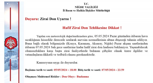 Niğde Valiliği uyardı zirai don uyarısı yaptı