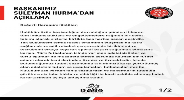 Süleyman Hurma: Karagümrükün daha da güçlenerek Süper Lige döneceğinden kimsenin şüphesi olmasın