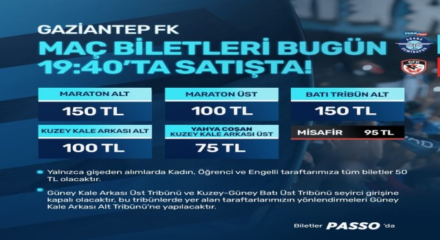 Y. Adana Demirspor - Gaziantep FK maçının biletleri satışa çıktı