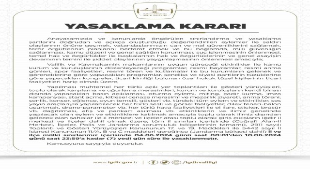 Iğdırda gösteri yürüyüşü ve açık hava toplantı yasağı