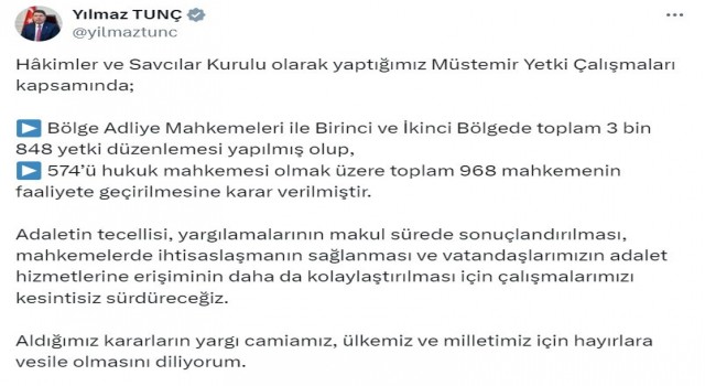 Adalet Bakanı Tunç: Toplam 968 yeni mahkeme kuruluyor