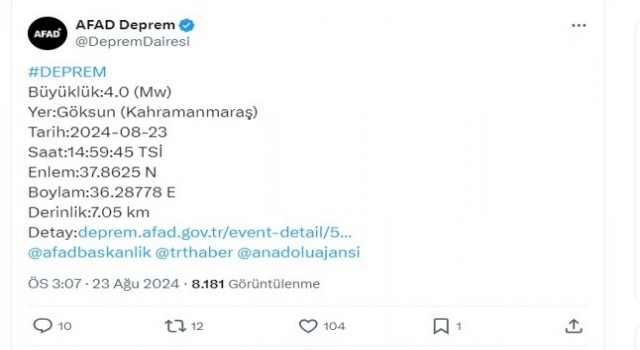 Kahramanmaraşta 4 büyüklüğünde deprem