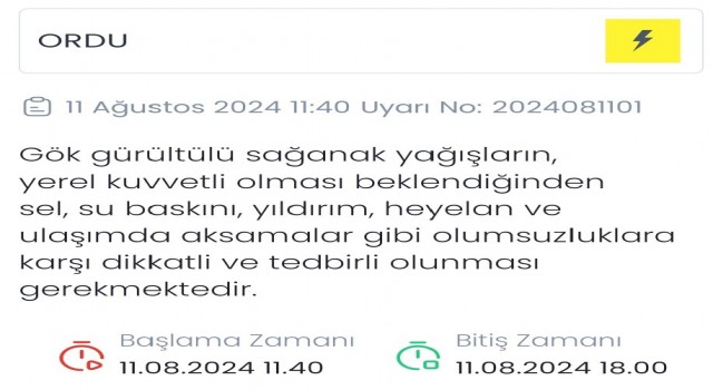 Meteorolojiden Ordu için sarı uyarı