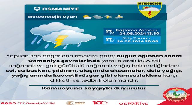 Osmaniye İçin Kuvvetli Yağış Uyarısı
