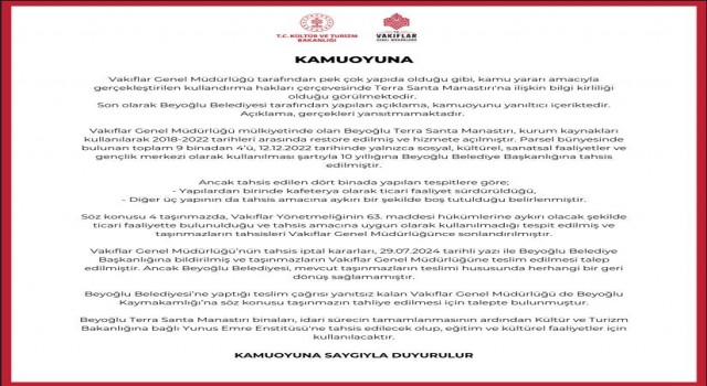 Vakıflardan ‘Terra Santa Manastırına ilişkin açıklama