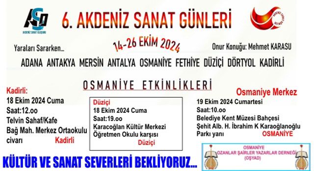 Akdeniz Sanat Günleri, Osmaniye’de İki Gün Sürecek…