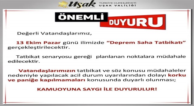 Uşakta Deprem Saha Tatbikatı gerçekleştirilecek