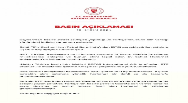 Enerji ve Tabii Kaynaklar Bakanlığından İsraile petrol sevkiyatı yapıldığı iddialarına yalanlama