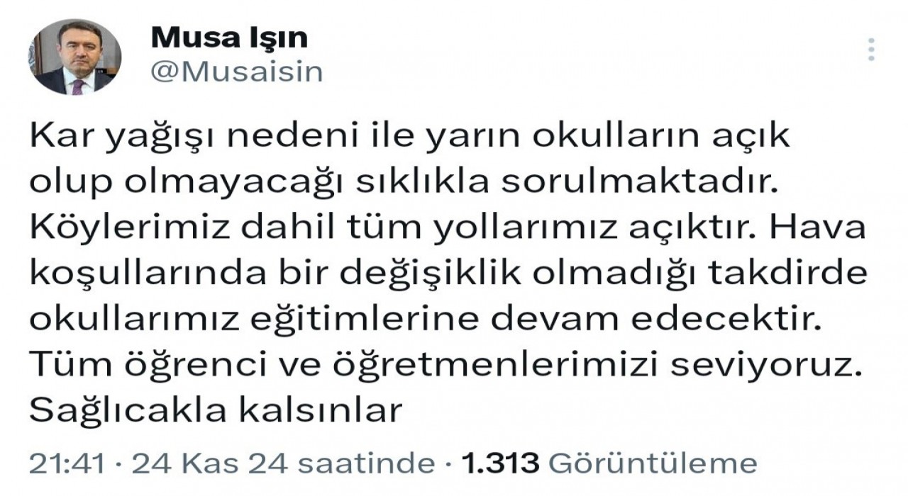 Kütahya Valisi Işından Kar tatili yok açıklaması