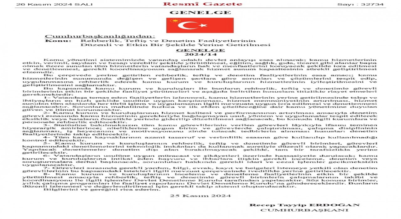 “Rehberlik, Teftiş ve Denetim Faaliyetlerinin Düzenli ve Etkin Bir Şekilde Yerine Getirilmesi” Genelgesi Resmi Gazetede yayımlandı