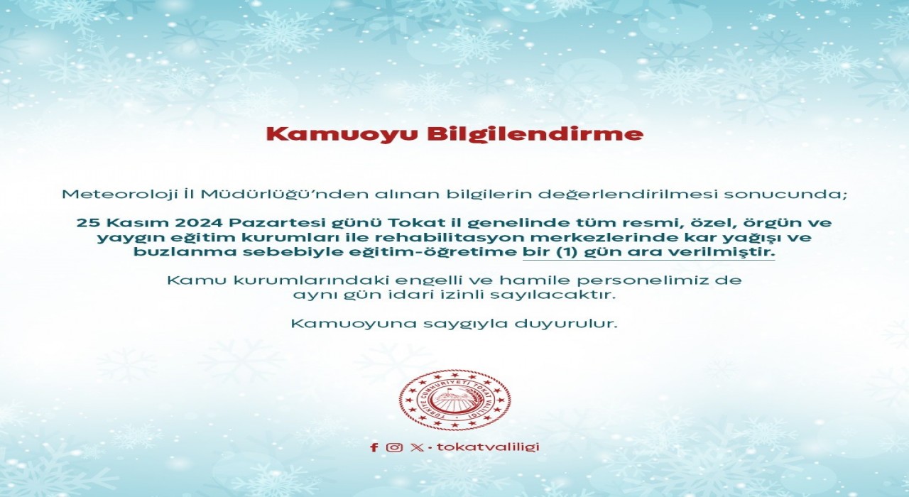 Tokatta kar nedeniyle okullar 1 gün tatil edildi