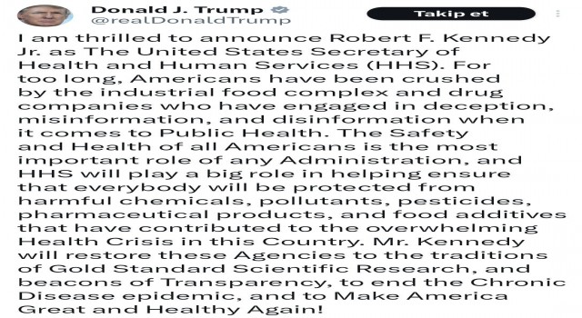 Trump, Sağlık Bakanlığına aşı karşıtı Kennedyyi aday göstereceğini açıkladı