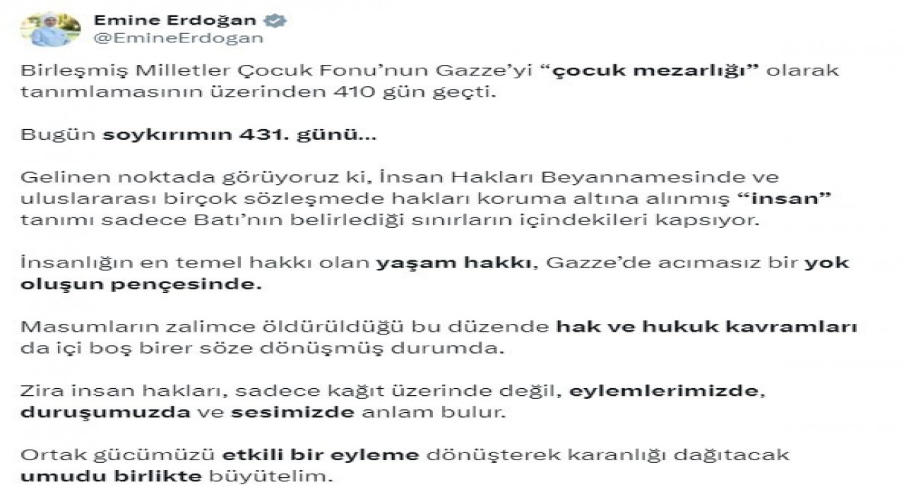 Emine Erdoğandan 10 Aralık Dünya İnsan Hakları Günü paylaşımı